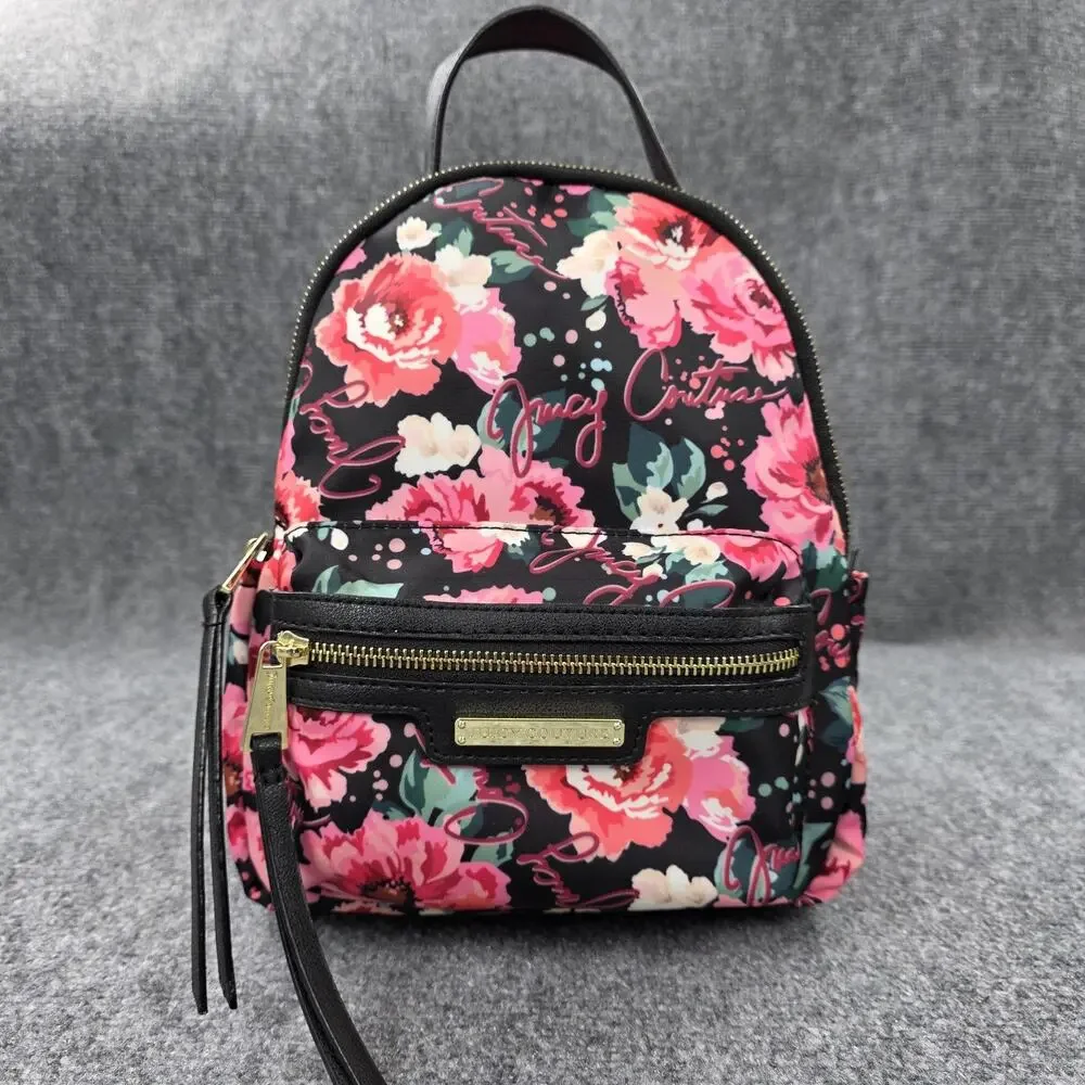 Juicy Couture Backpack Womens Mini Black Floral Rose Print Casual Daypack Zip